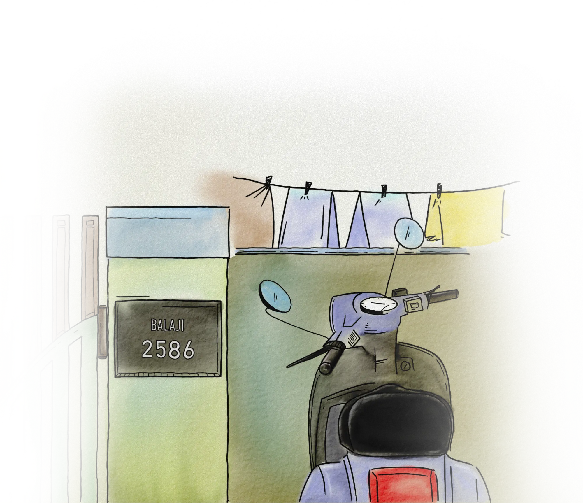 Illustration à l’aquarelle d’une maison, avec sa porte ouverte et un scooter.